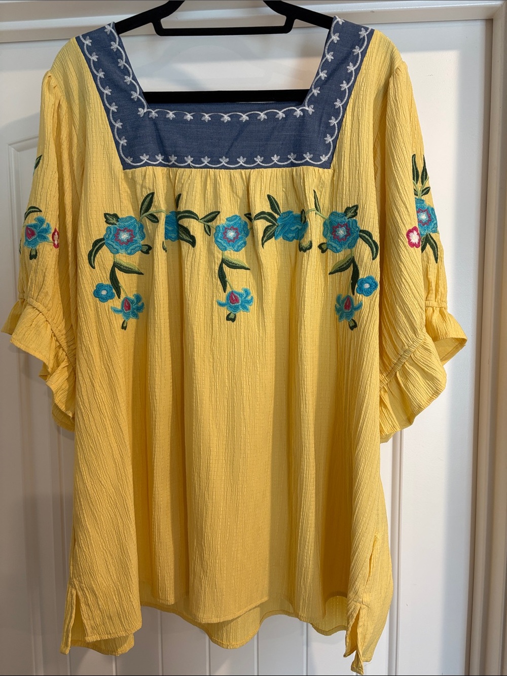 Yellow Embroidered Square-Neck Tunic Top with Blue Accents
